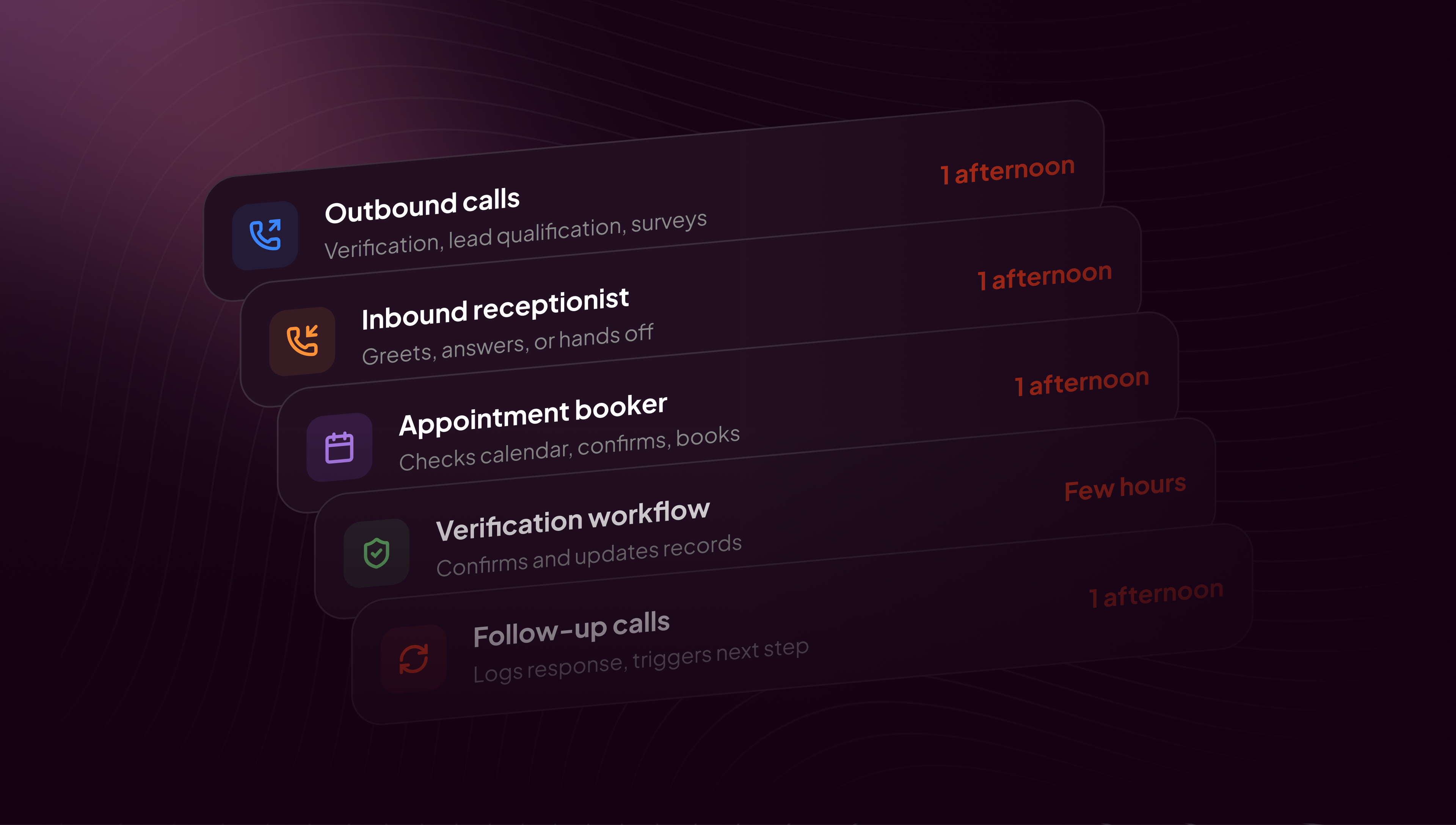 Five stacked voice AI workflow cards — outbound calls, inbound receptionist, appointment booker, verification, and follow-up — each labelled with the time it takes to build: one afternoon or a few hours.