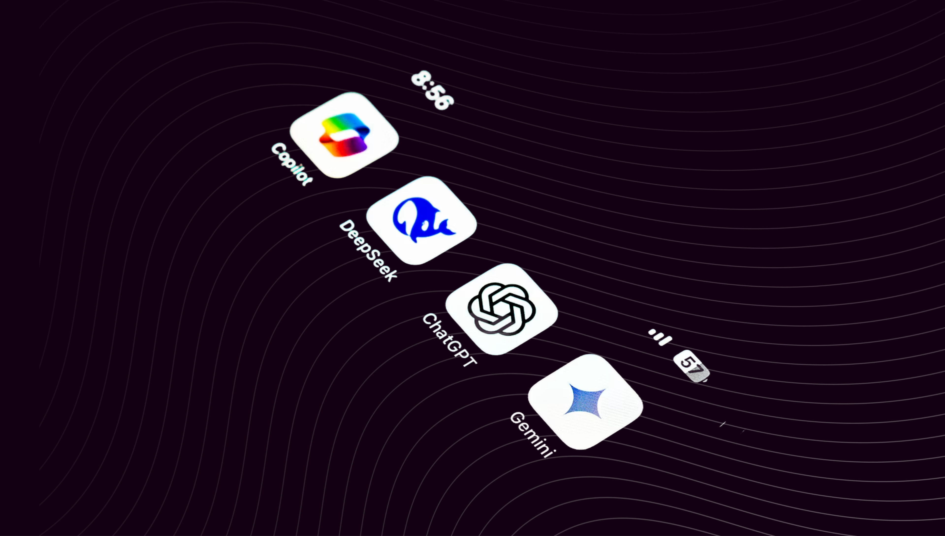 AI assistant app icons for Copilot, DeepSeek, ChatGPT and Gemini on a phone home screen, representing the conversation layer the market has already solved.